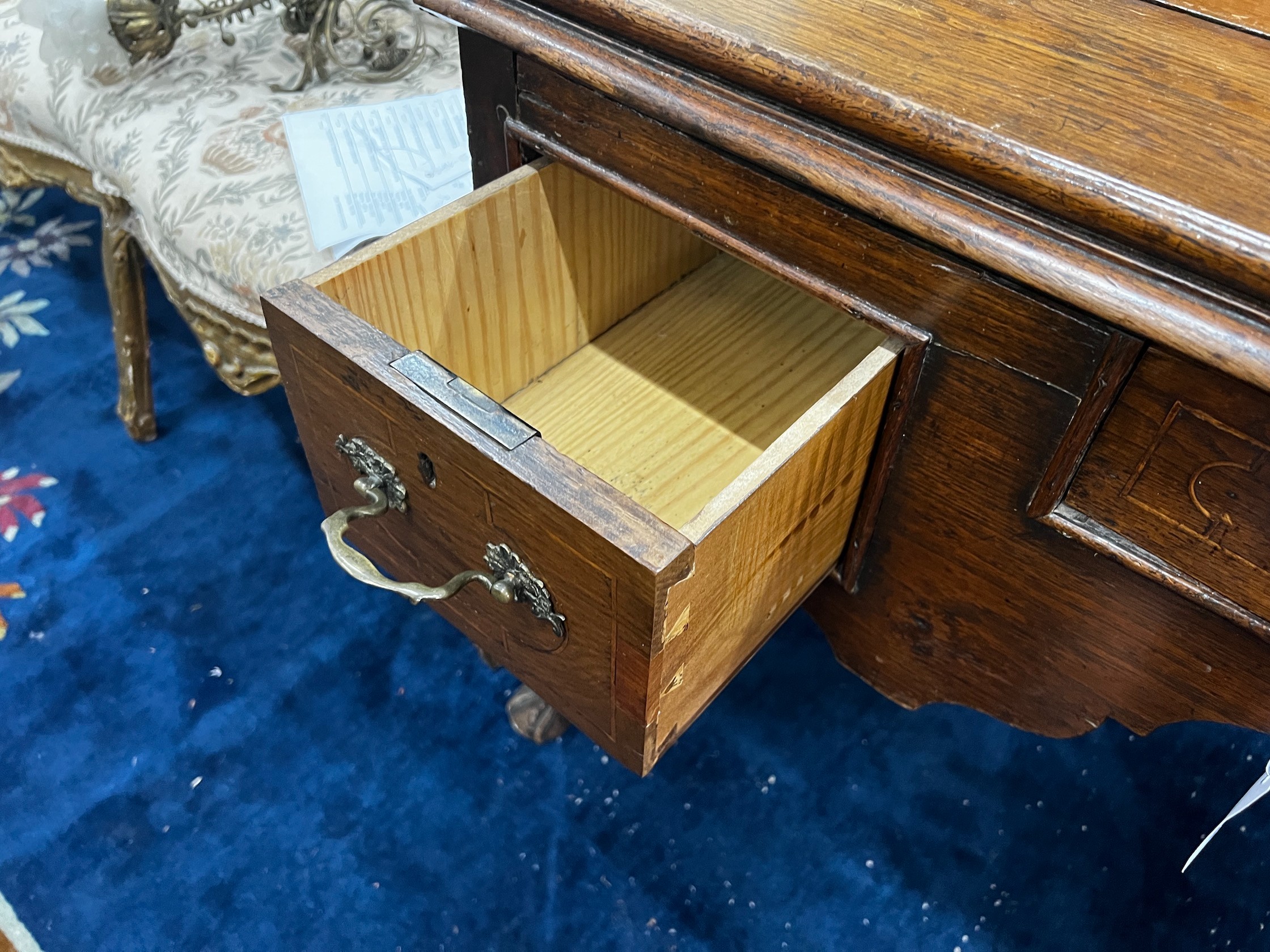 A George III and later oak kneehole table, converted from a stand, width 100cm depth 65cm height 74cm